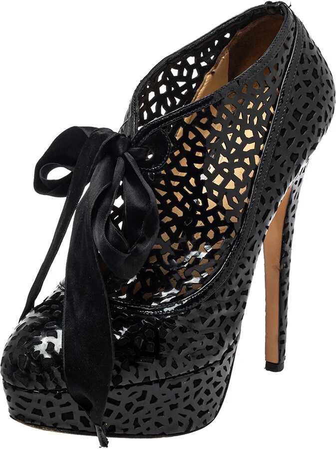 Charlotte Olympia Black Leather Cutout Ankle Length Booties Size 37