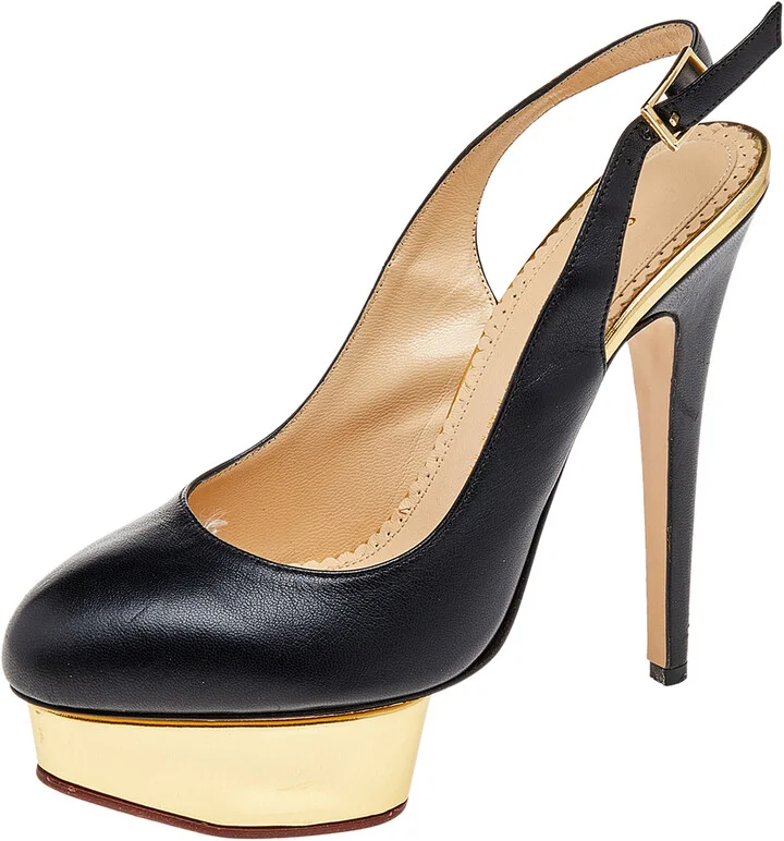 Charlotte Olympia Black Leather Dolly Platform Slingback Pumps Size 38.5