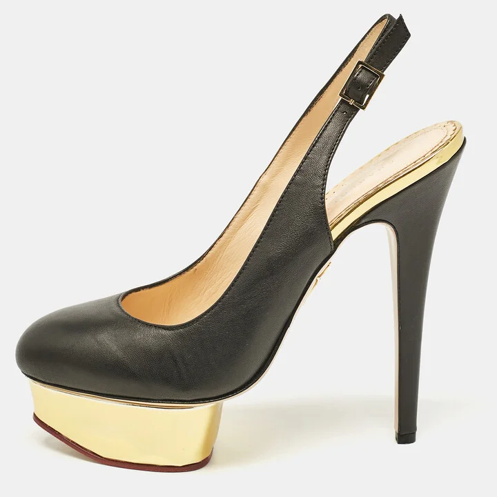 Charlotte Olympia Black Leather Dolly Slingback Pumps Size 38