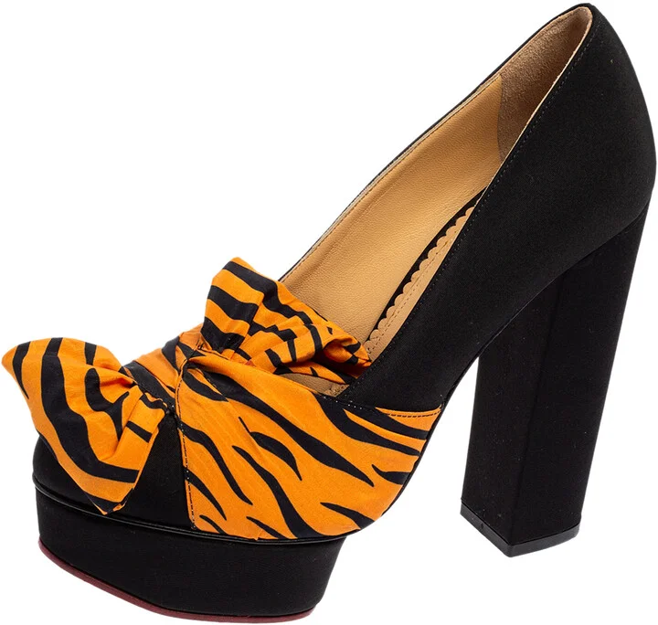 Charlotte Olympia Black/Orange Zebra Print Satin Dolly Bow Pumps Size 37.5