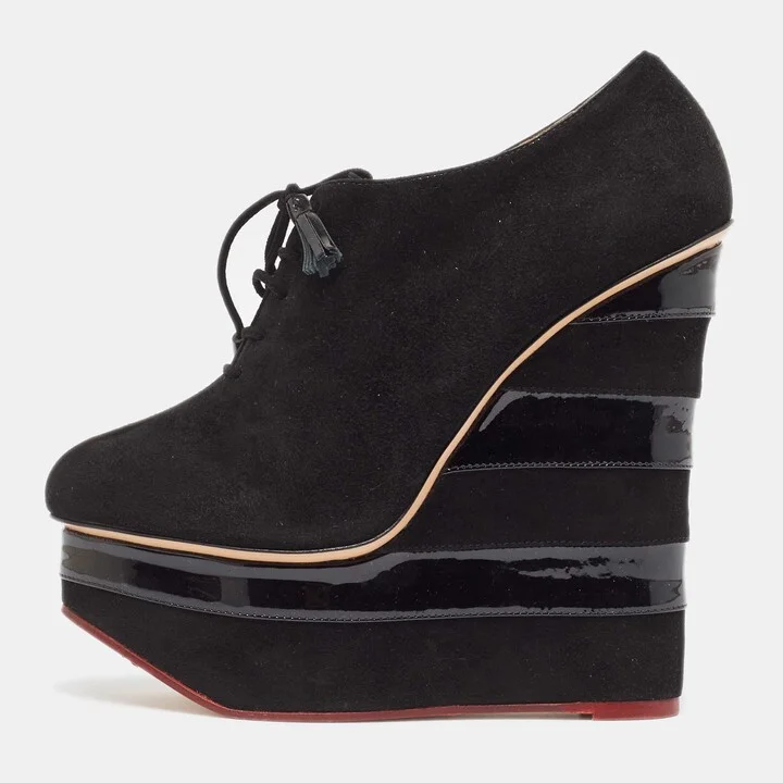 Charlotte Olympia Black Suede and Patent Leather Martha Wedge Booties Size 39.5