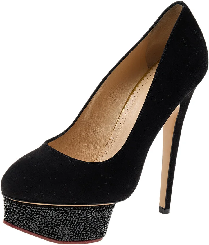 Charlotte Olympia Black Suede Crystal Embellished Dolly Platform Pumps Size 38