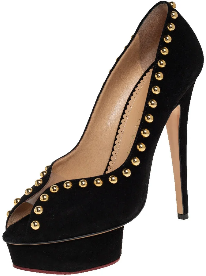 Charlotte Olympia Black Suede Daphne Studded Peep Toe Platform Pumps Size 39.5