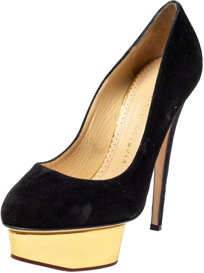Charlotte Olympia Black Suede Dolly Platform Pumps Size 37