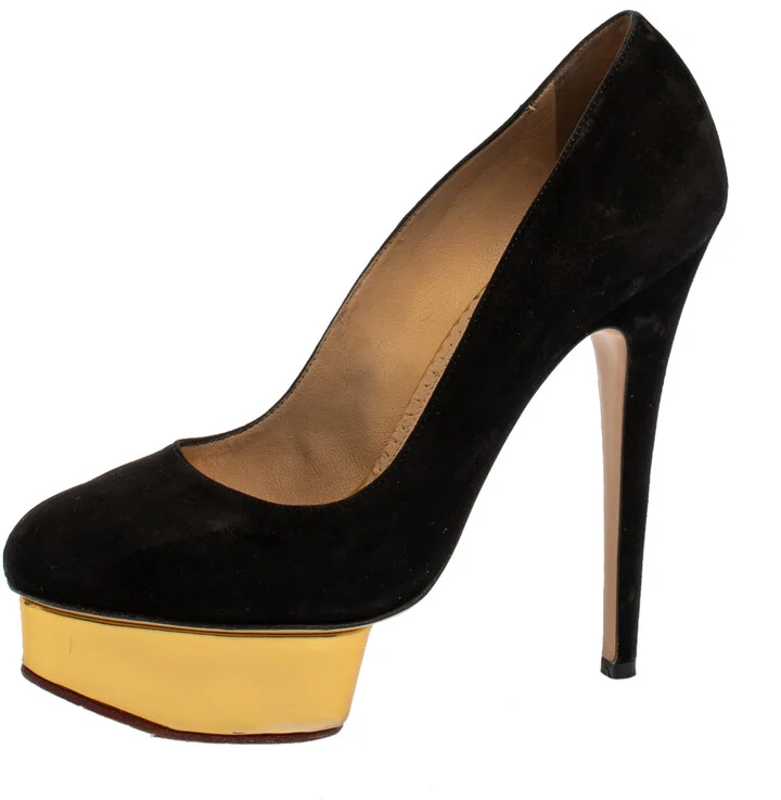 Charlotte Olympia Black Suede Dolly Platform Pumps Size 38.5