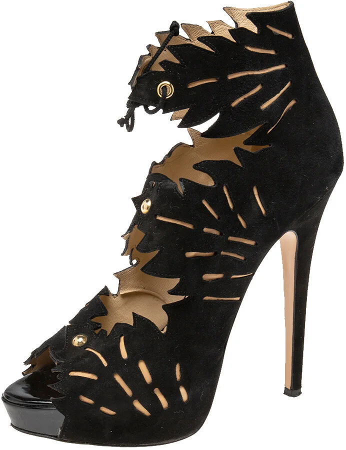 Charlotte Olympia Black Suede Eve Leaf Cutout Ankle Booties Size 39