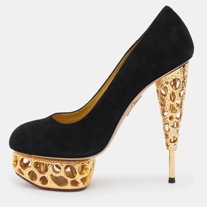 Charlotte Olympia Black Suede Gold Sculptured Heel Objets D'Art Platform Pumps Size 37