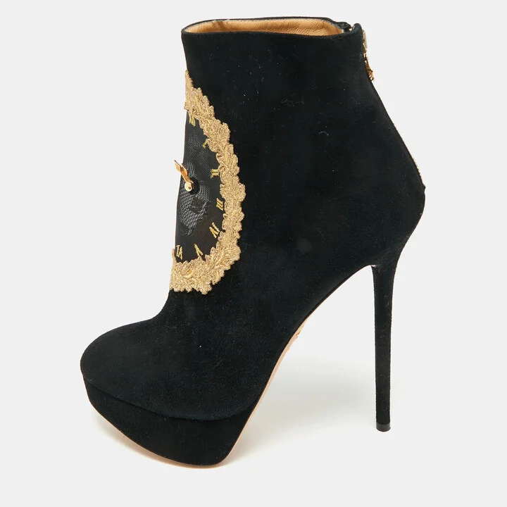Charlotte Olympia Black Suede On Time Platform Ankle Boots Size 38