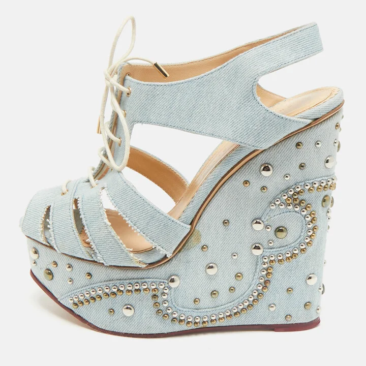 Charlotte Olympia Blue Denim Studded Cut Out Wedge Platform Sandals Size 38