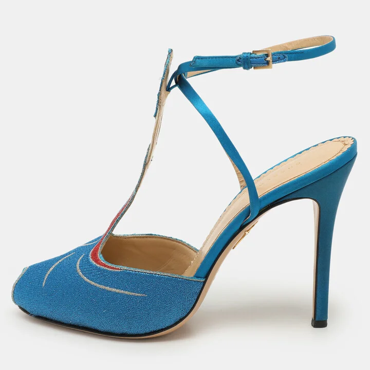 Charlotte Olympia Blue Metallic Lurex Fabric Ankle Strap Sandals Size 40