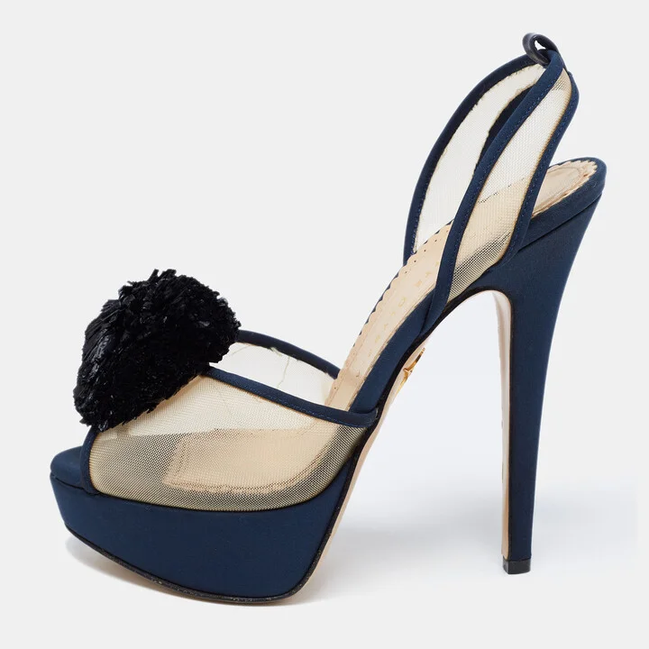 Charlotte Olympia Blue Suede Trim And Mesh Pomoline Pom Pom Platform Sandals Size 37