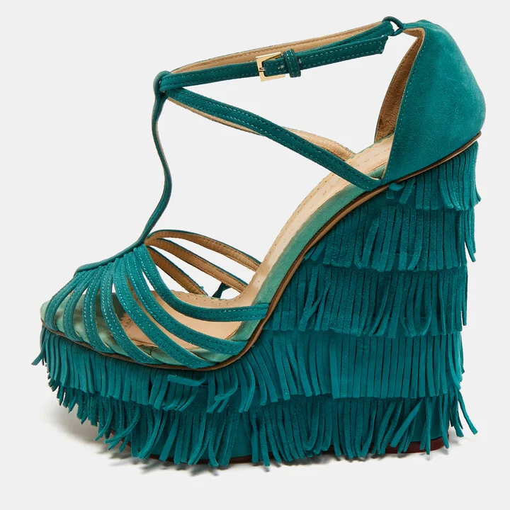 Charlotte Olympia Blue Suede Winona Fringe Wedge Sandals Size 39