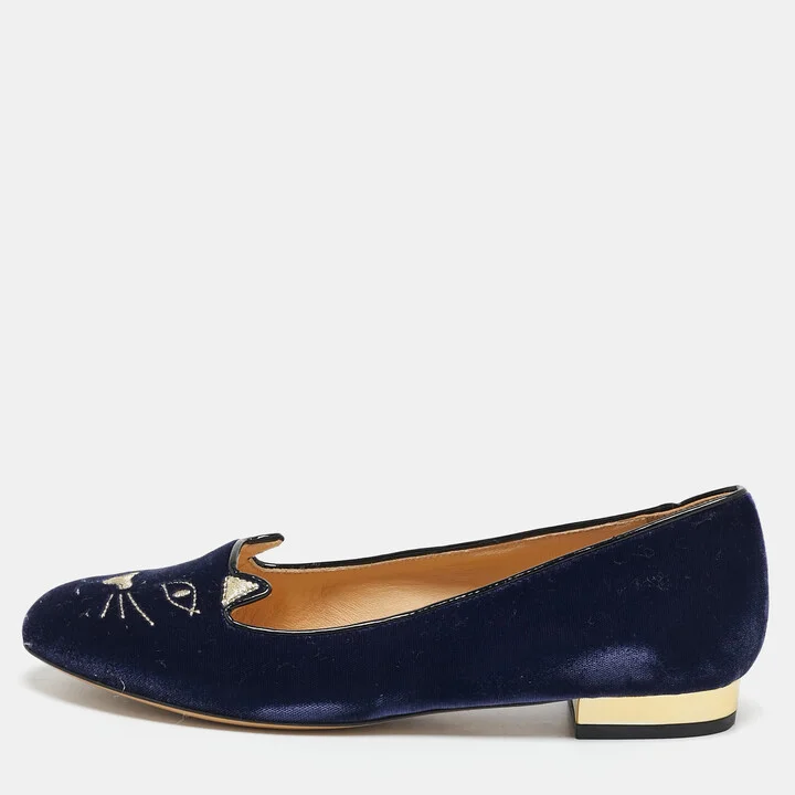 Charlotte Olympia Blue Velvet Kitty Smoking Slippers Size 37