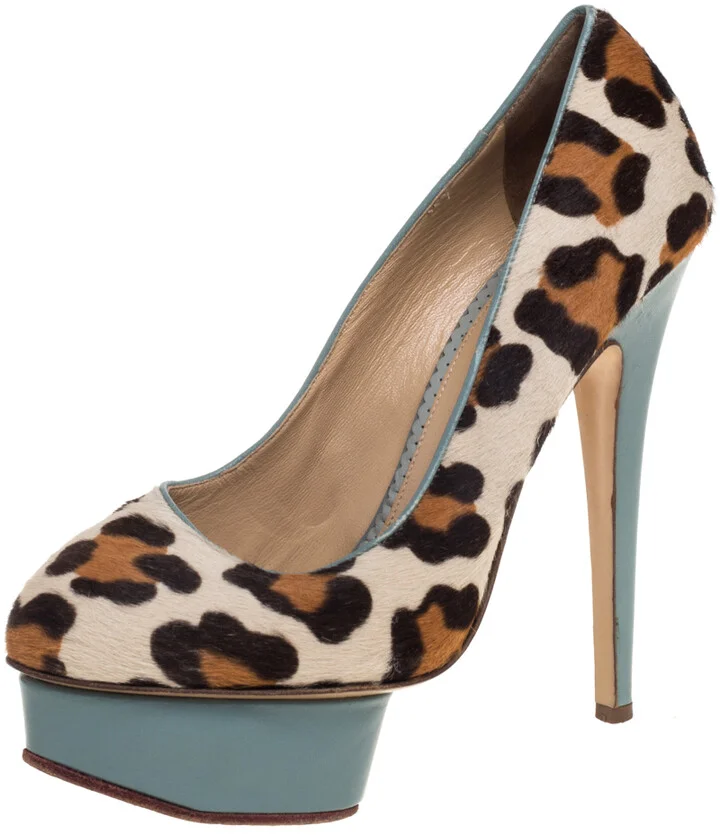 Charlotte Olympia Brown/Beige Leopard Print Pony Hair And Leather Pumps Size 38