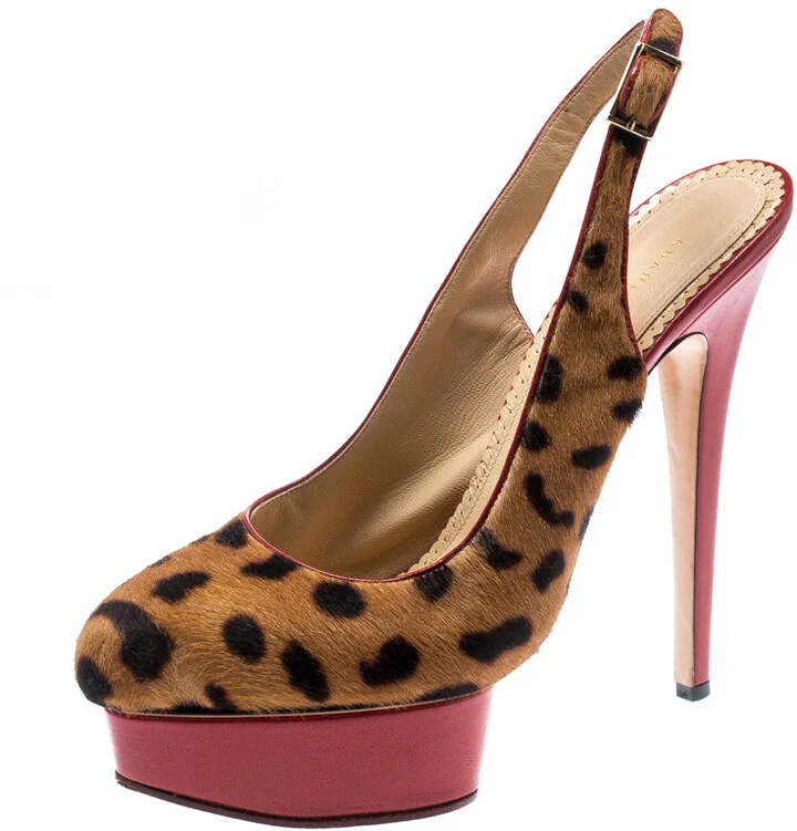 Charlotte Olympia Brown Leopard Pony Hair Slingback Platform Sandals Size 40