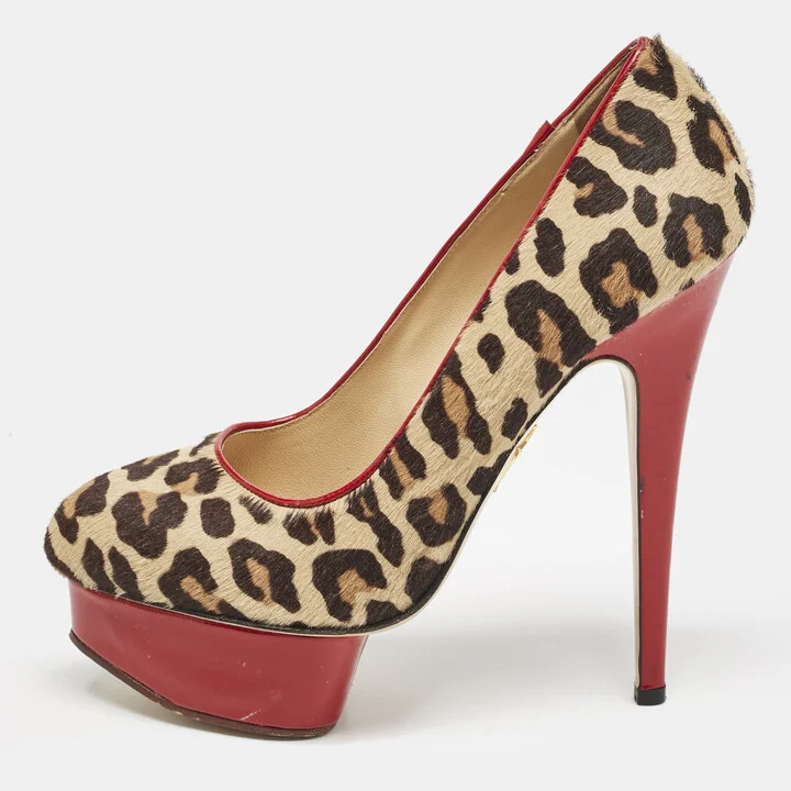 Charlotte Olympia Brown Leopard Print Calf Hair Polly Platform Pumps Size 38