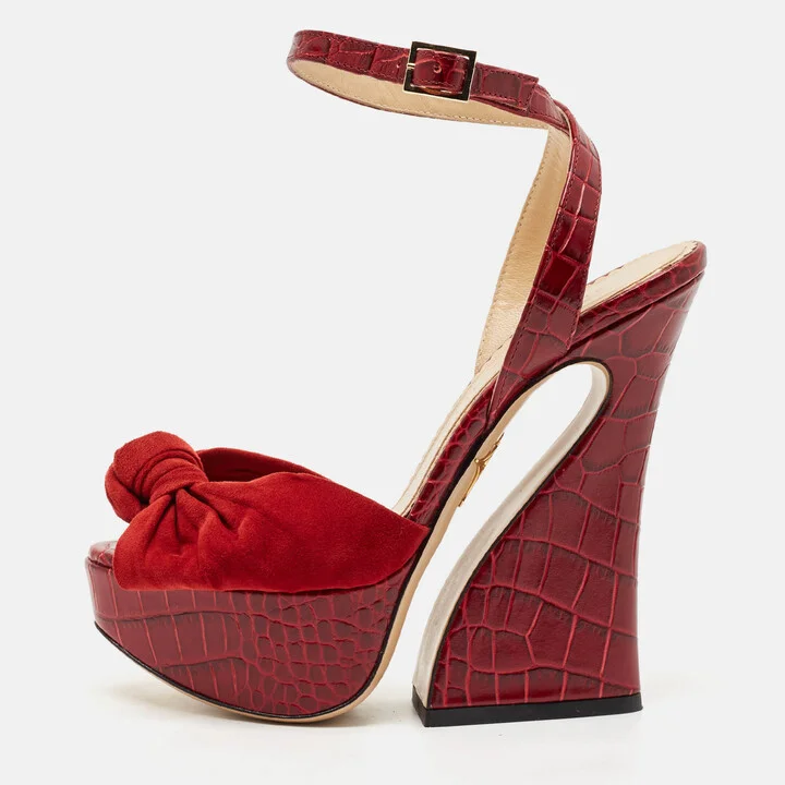 Charlotte Olympia Burgundy Croc Embossed Leather and Suede Ankle Strap Sandals Size 35