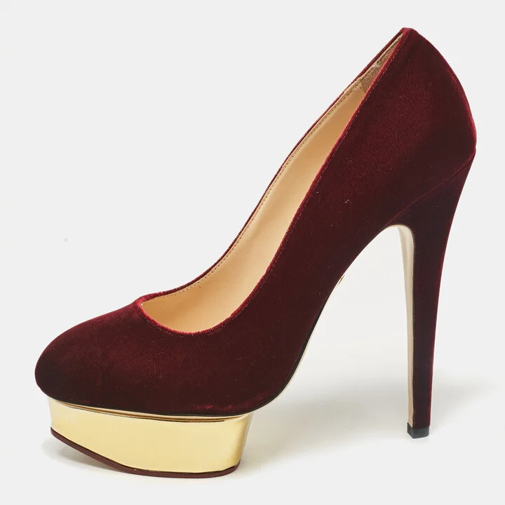 Charlotte Olympia Burgundy Velvet Dolly Platform Pumps Size 41