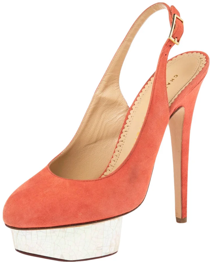 Charlotte Olympia Coral Suede Dolly Slingback Platform Pumps Size 38