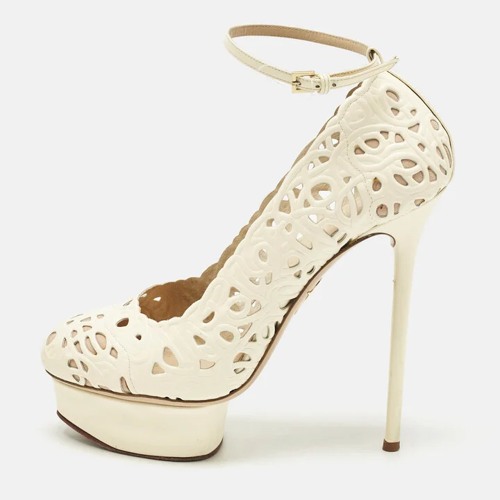 Charlotte Olympia Cream Cut Out Leather Scribble Dolores Ankle Strap Platform Pumps Size 38.5
