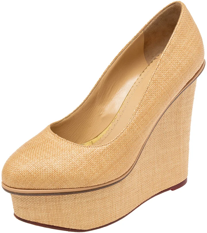 Charlotte Olympia Cream Yellow Raffia Carmen Wedge Platform Pumps Size 37