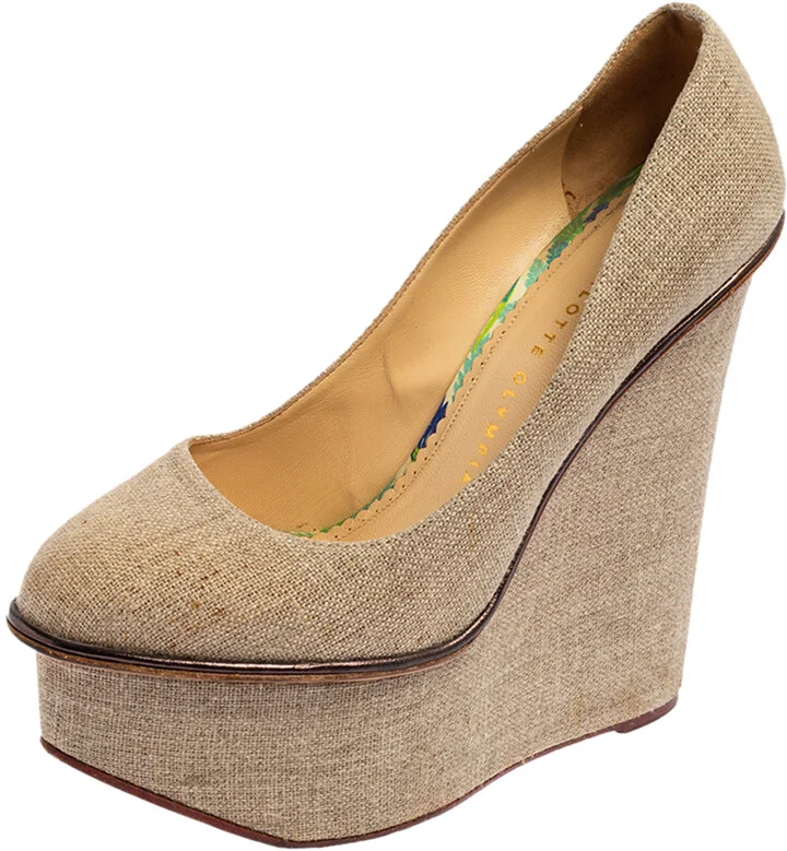 Charlotte Olympia Dark Beige Canvas Carmen Wedge Pumps Size 38