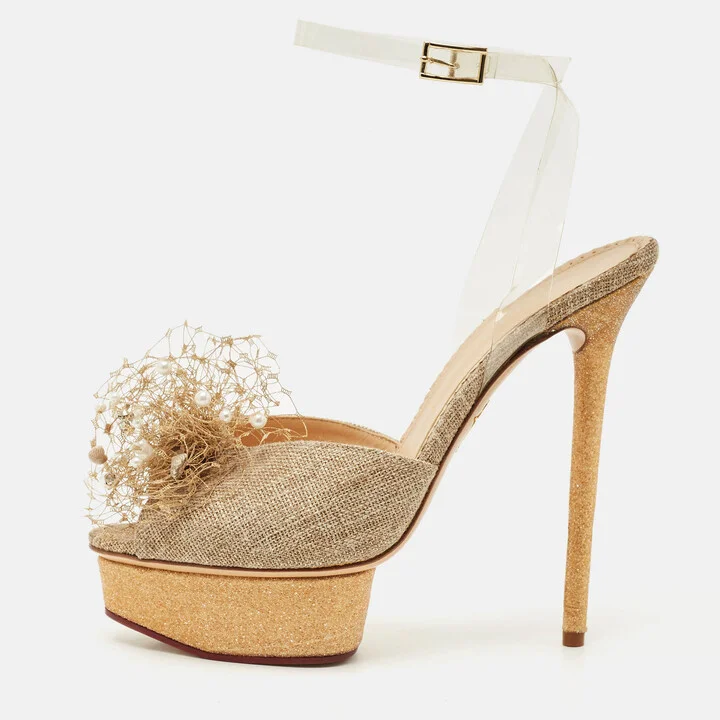Charlotte Olympia Gold Canvas and Glitter Embellished Ankle Strap Sandals Size 40