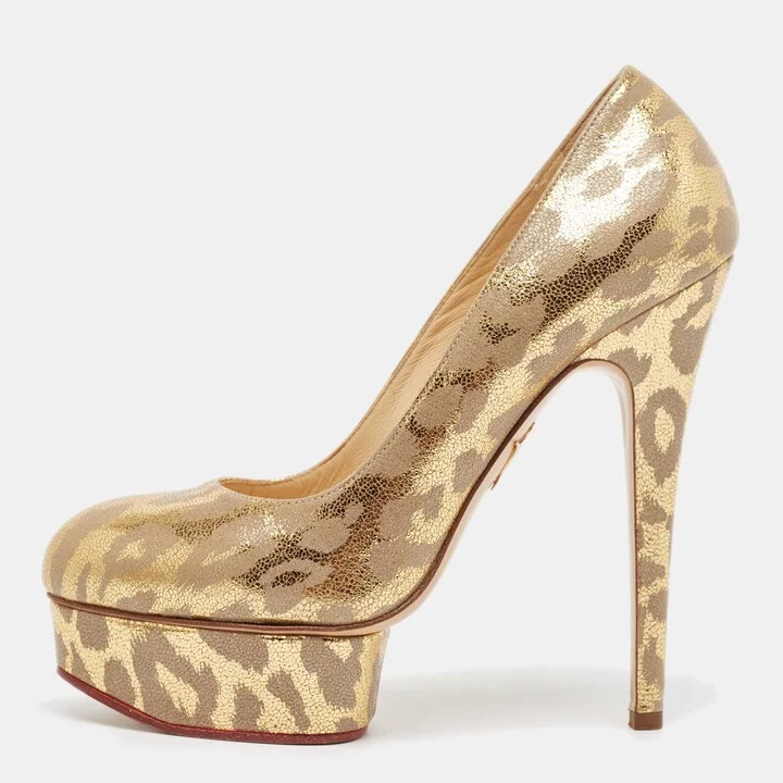 Charlotte Olympia Gold/Grey Leather Dolly Platform Pumps Size 37.5