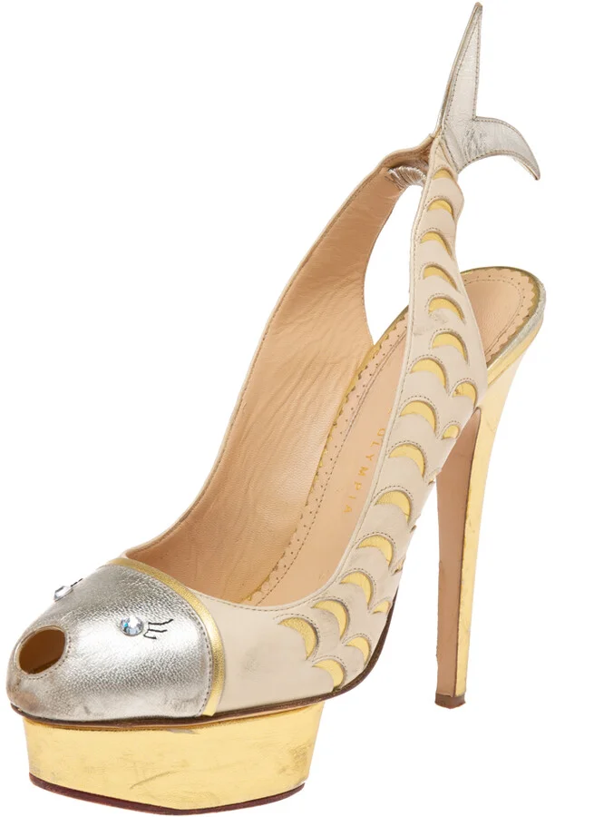 Charlotte Olympia Gold Leather Catch of the Day Platform Slingback Pumps Size 39