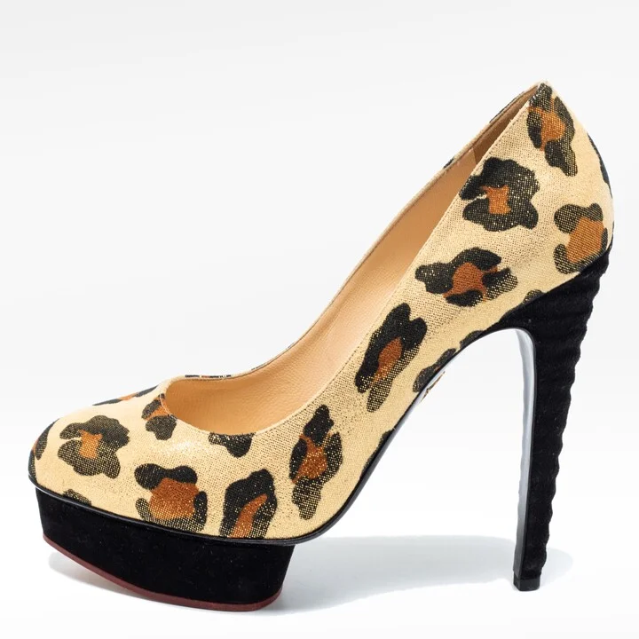 Charlotte Olympia Gold Leopard Print Glitter Suede Dolly Pumps Size 39