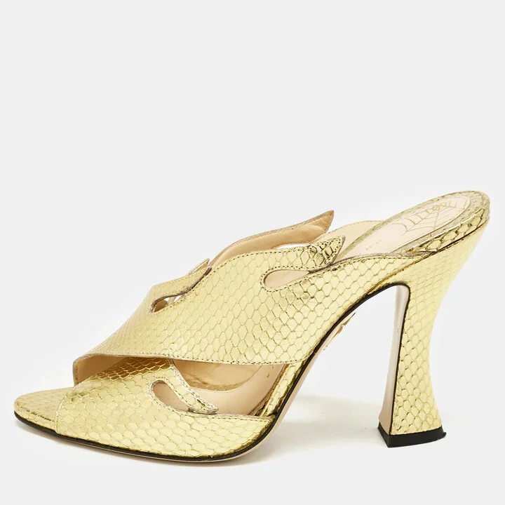 Charlotte Olympia Gold Snakeskin Embossed Patent Leather Cut Out Slide Sandals Size 38