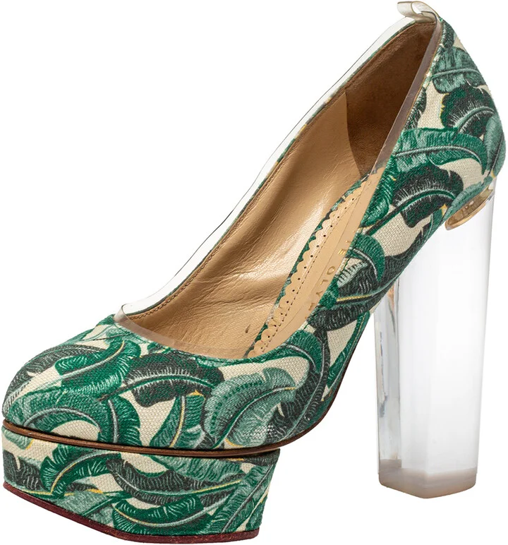 Charlotte Olympia Green Leaves Printed Canvas And PVC Mabel Platform Pumps Size 35