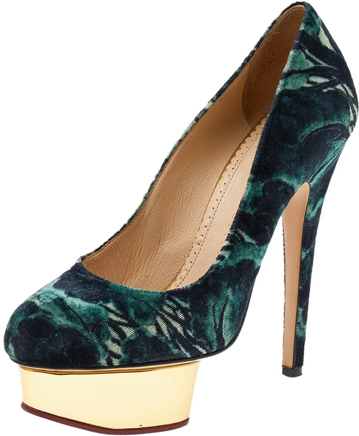 Charlotte Olympia Green Printed Velvet Dolly Platform Pumps Size 36