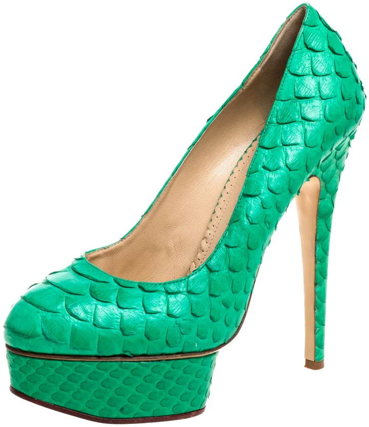 Charlotte Olympia Green Python Leather Priscilla Pumps Size 38
