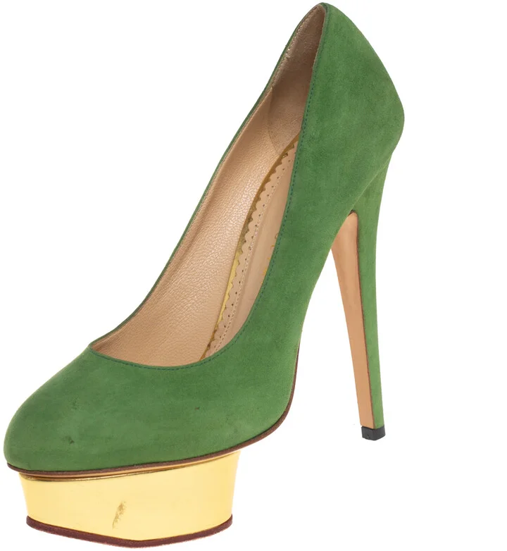 Charlotte Olympia Green Suede Dolly Platform Pumps Size 36.5