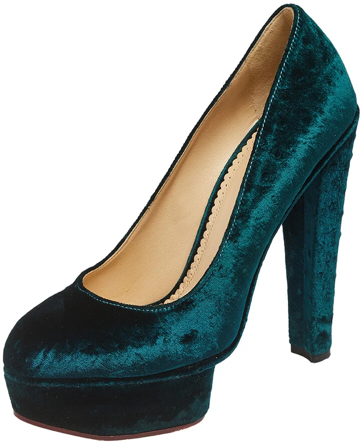 Charlotte Olympia Green Textured Velvet Dolly Platform Pumps Size 39