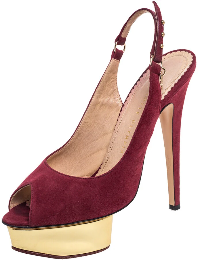 Charlotte Olympia Maroon Suede Slingback Peep Toe Platform Pumps Size 38