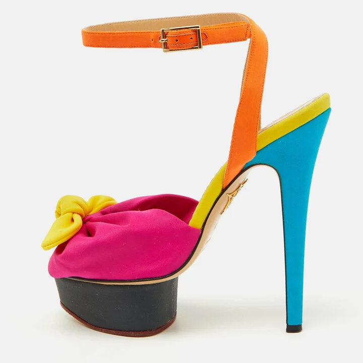 Charlotte Olympia Multicolor Fabric Serena Bow Ankle Strap Platform Sandals Size 36