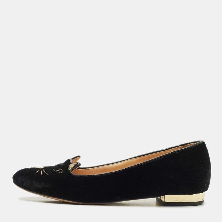 Charlotte Olympia Navy Blue Velvet Kitty Ballet Flats Size 36.5