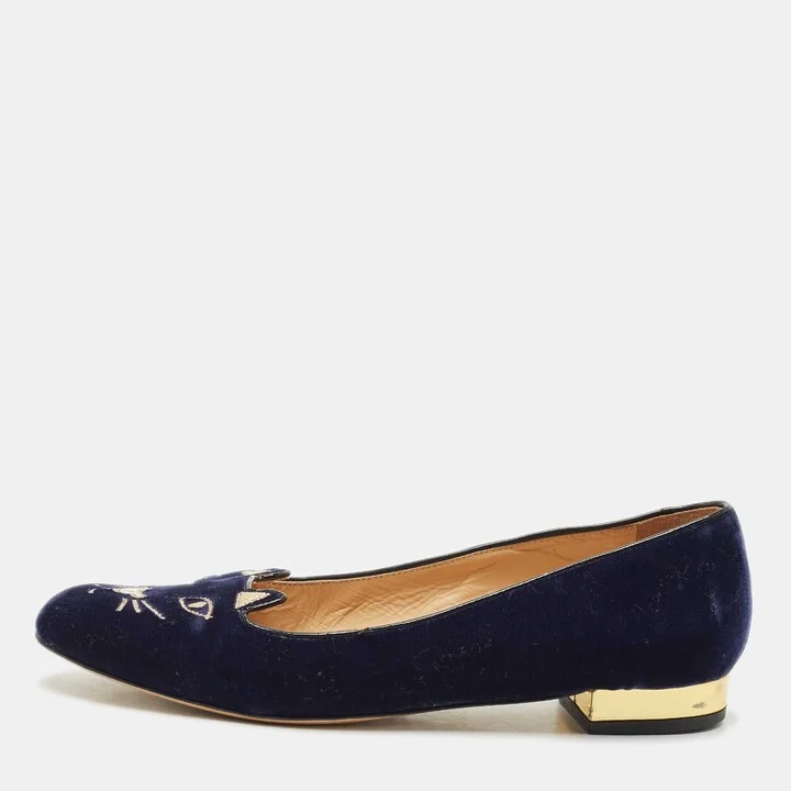 Charlotte Olympia Navy Blue Velvet Kitty Ballet Flats Size 39
