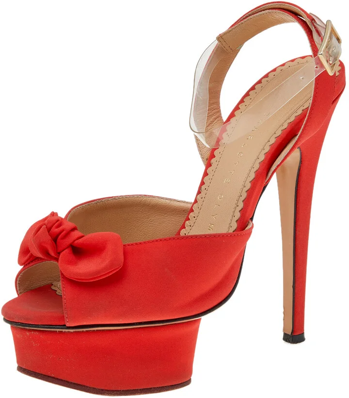 Charlotte Olympia Orange Satin Serena Bow Ankle Strap Platform Sandals Size 35