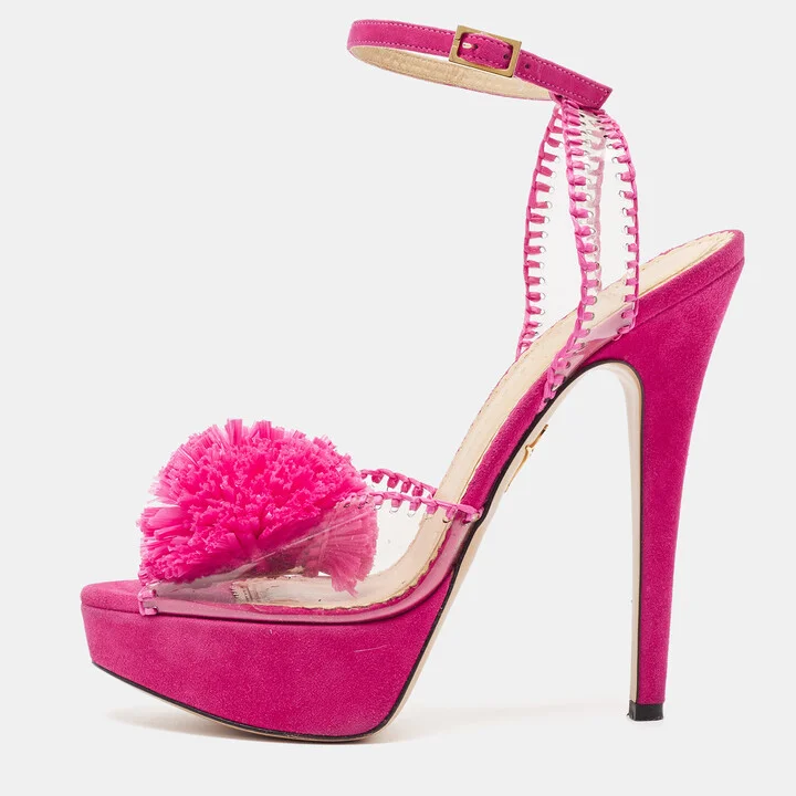 Charlotte Olympia Pink PVC and Suede Pomeline Ankle Strap Sandals Size 37.5