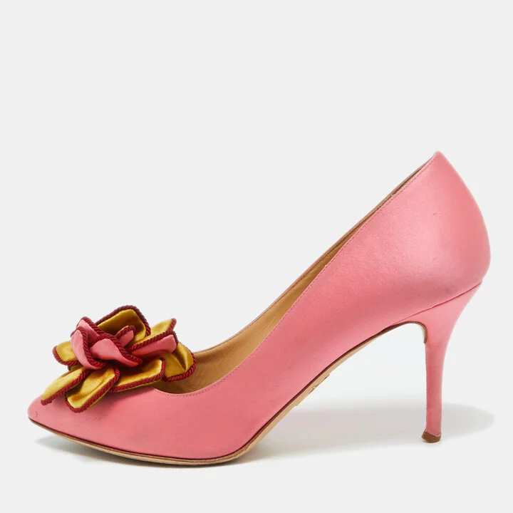 Charlotte Olympia Pink Satin Flower Detail Pointed Toe Pumps Size 39