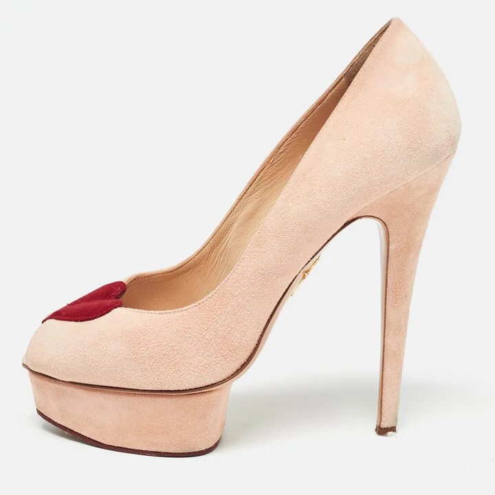 Charlotte Olympia Pink Suede Delphine Heart Detail Platform Pumps Size 40