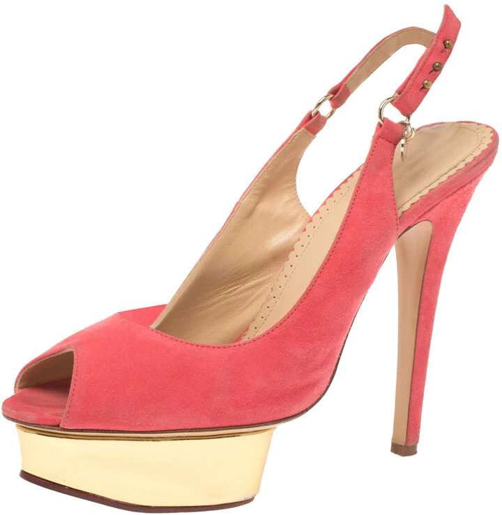 Charlotte Olympia Pink Suede Slingback Peep Toe Platform Sandals Size 37.5