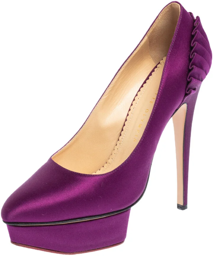 Charlotte Olympia Purple Satin Paloma Fan Pleat Platform Pumps Size 38.5