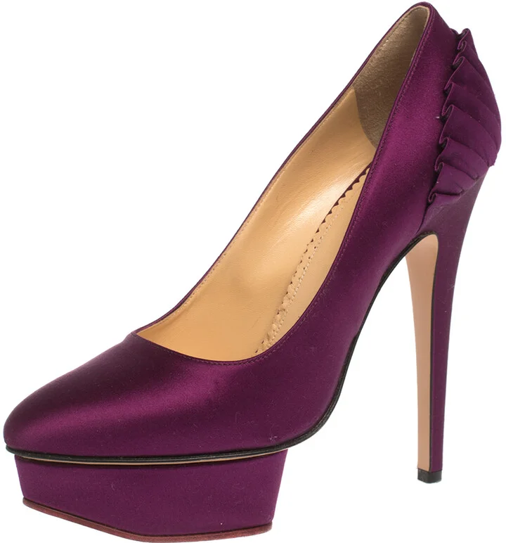 Charlotte Olympia Purple Satin Paloma Fan Pleat Platform Pumps Size 38
