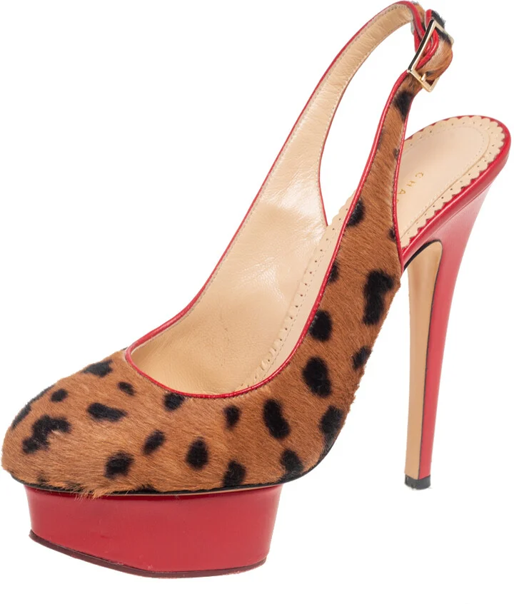 Charlotte Olympia Red/Brown Leopard Calfhair and Leather Dolly Slingback Pumps Size 37.5