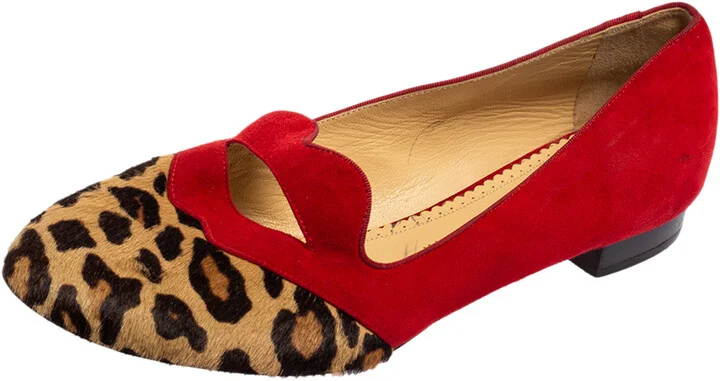 Charlotte Olympia Red/Brown Leopard Print Calfhair and Suede Bisoux Lip Ballet Flats Size 41