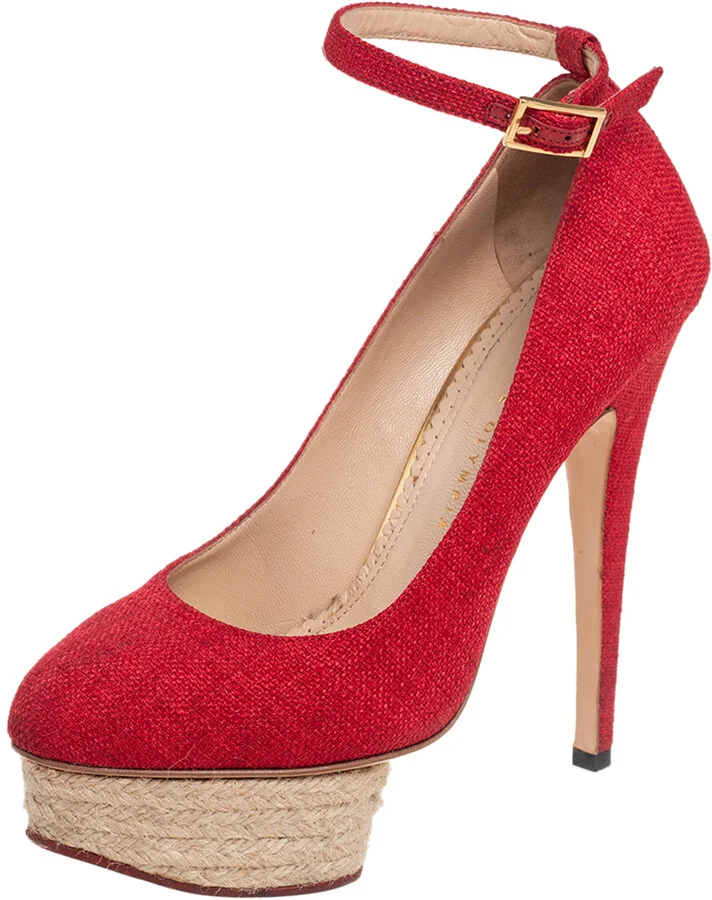 Charlotte Olympia Red Canvas Dolly Platform Pumps Size 38